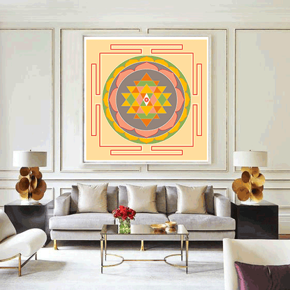 Living room with a large abstract painting on the wall above a sofa.