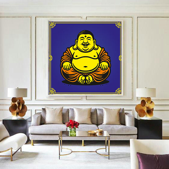 Living room with a large framed artwork of a smiling Buddha on the wall.