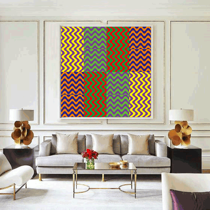 Modern living room with a colorful abstract painting on the wall.