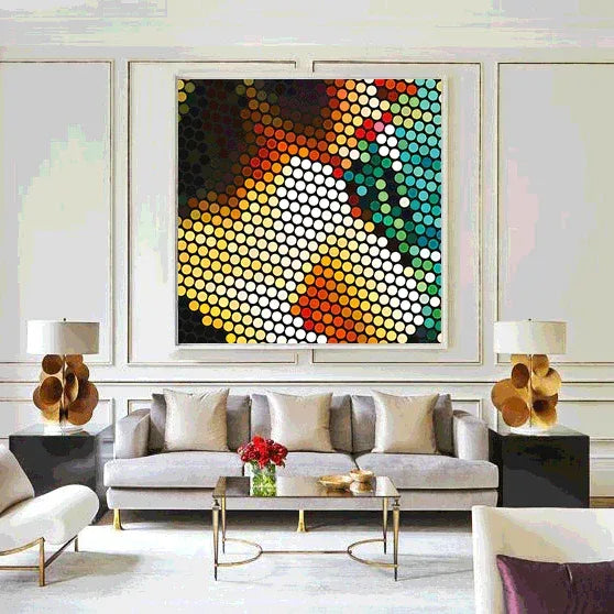 Modern living room with a colorful abstract painting on the wall.
