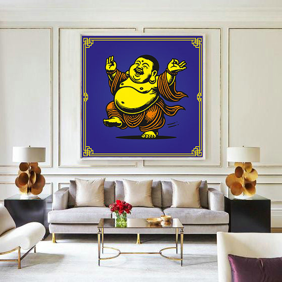 Living room with a large framed artwork of a laughing Buddha on the wall.