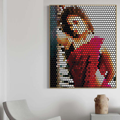 Artistic depiction of a person using circular elements on a white wall with a chair and vase in the foreground.