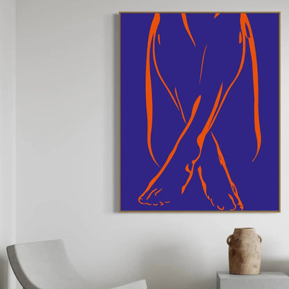 Abstract art piece with orange legs on a blue background, framed on a wall.