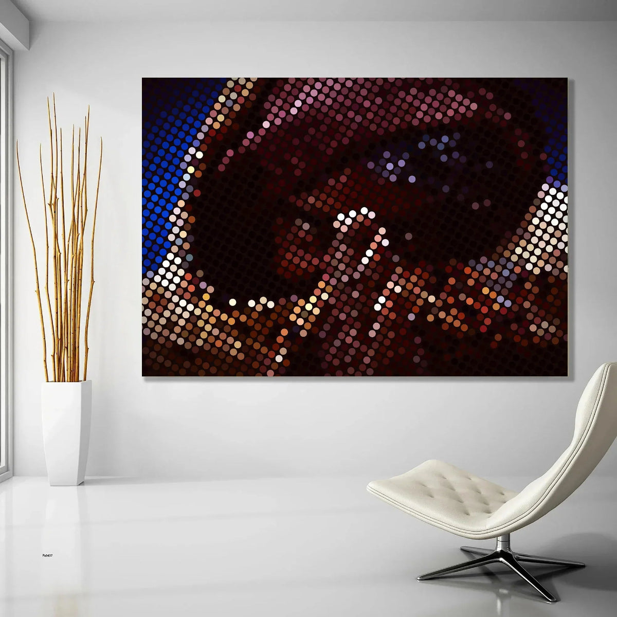 Abstract art piece on a wall with a modern chair and plant in the foreground.