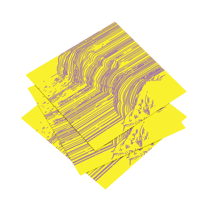 Three yellow sheets of paper with purple line art on a dark blue background