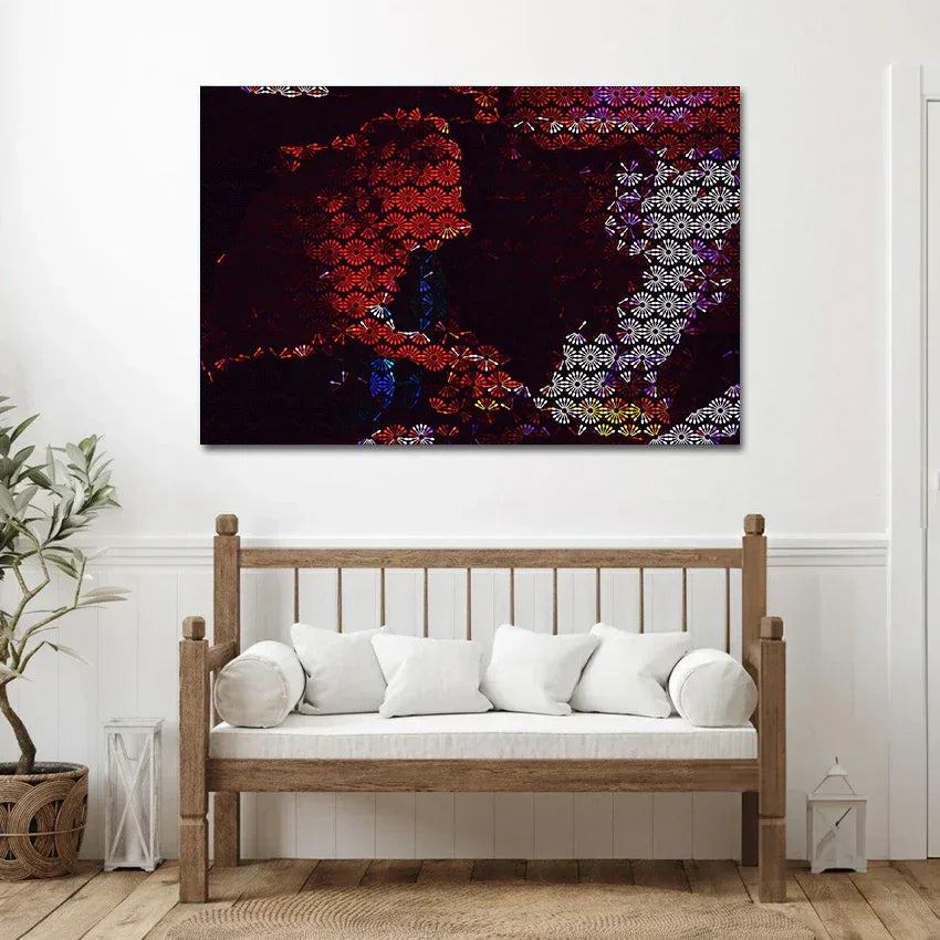 Decorative wall art above a wooden bench with white cushions in a room setting.