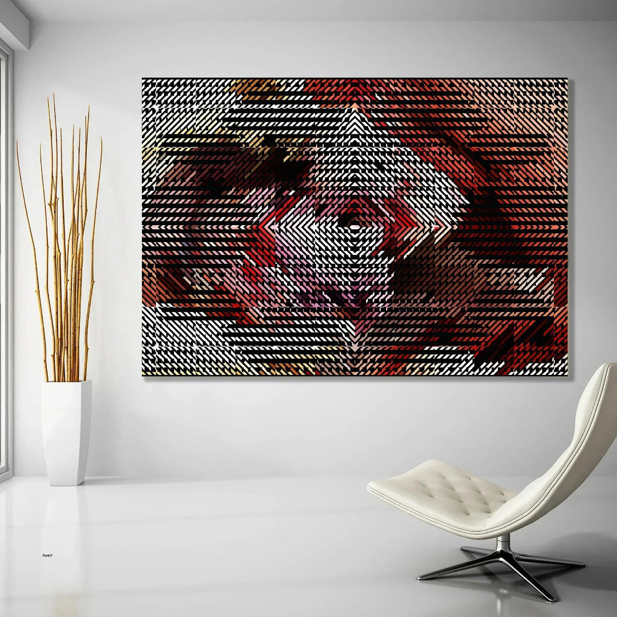 Abstract geometric wall art in a modern room with a chair and plant.