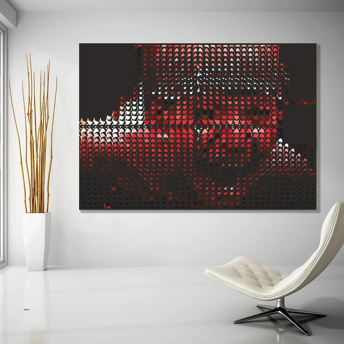 Abstract art piece on a wall with a modern chair and plant in the foreground.