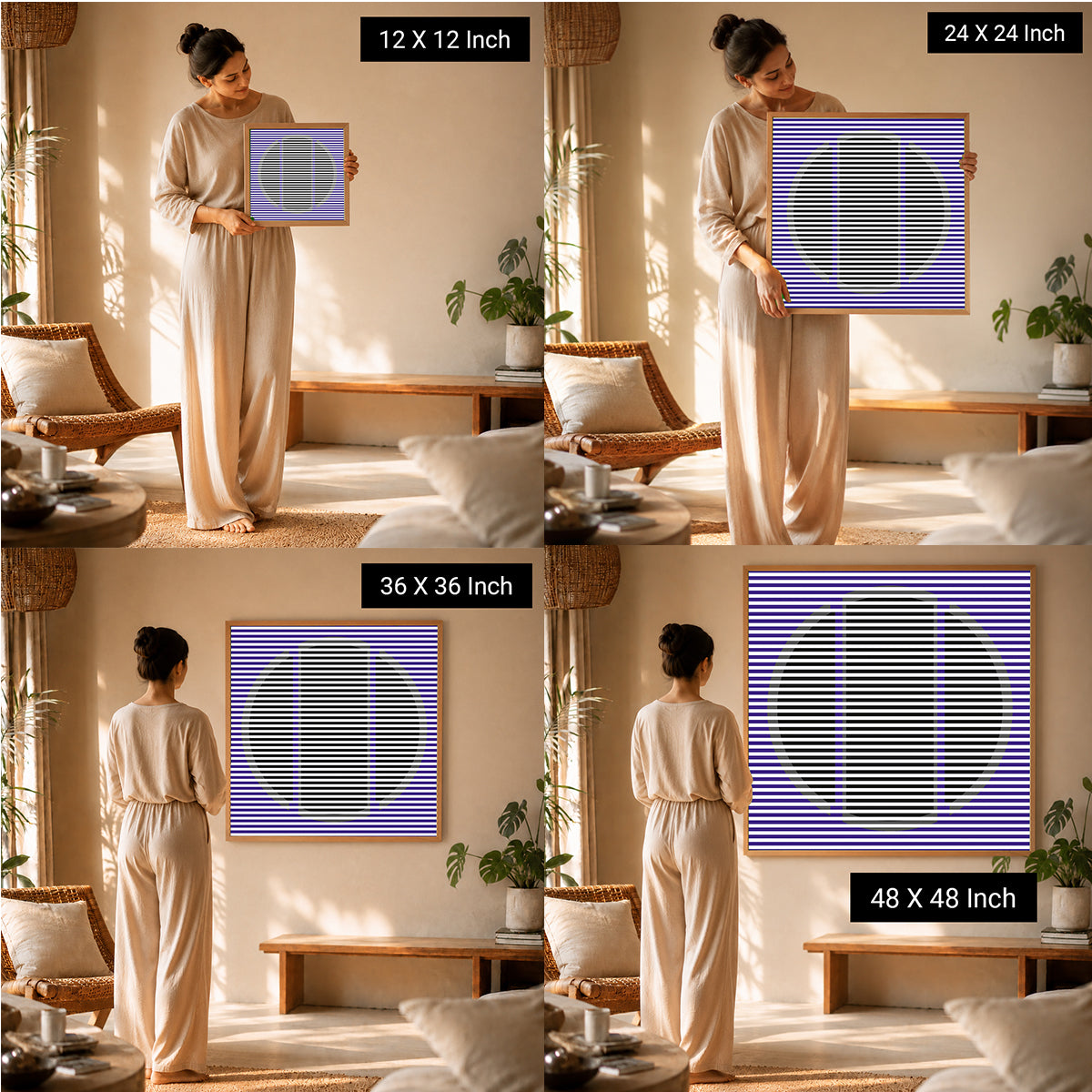Ilu Art Therapy therapeutic wall art displayed in four sizes, featuring a geometric design, with a woman holding a print in a
