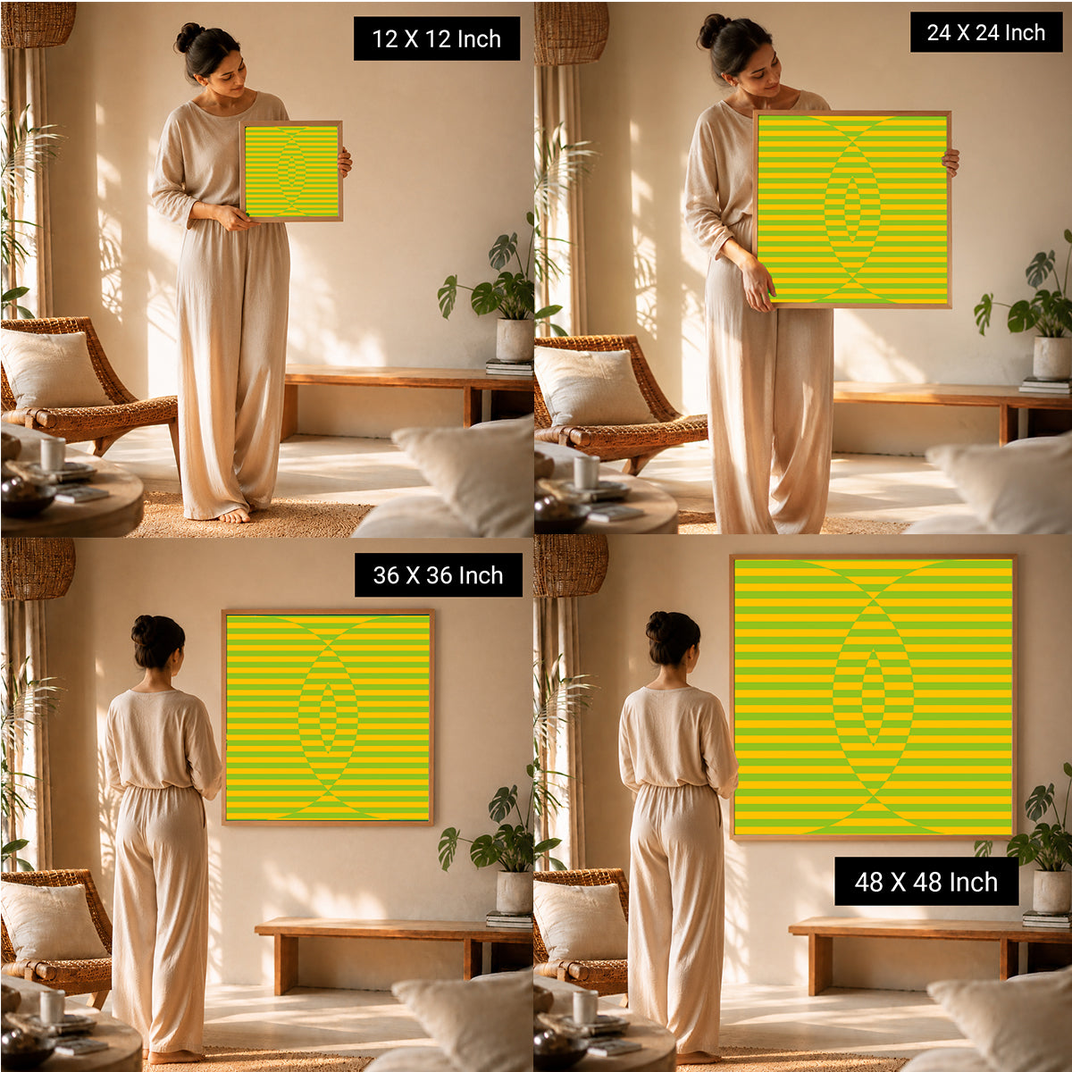 Ilu Art Therapy therapeutic wall art in vibrant yellow stripes, displayed in various sizes for yoga and meditation spaces.