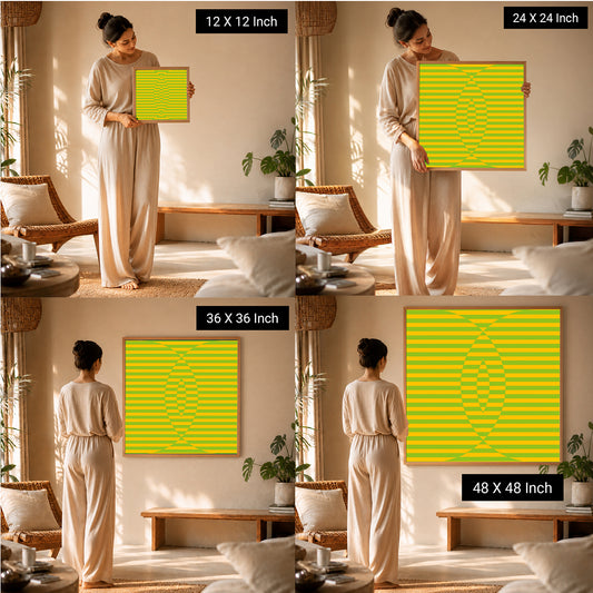 Ilu Art Therapy therapeutic wall art in vibrant yellow stripes, displayed in various sizes for yoga and meditation spaces.