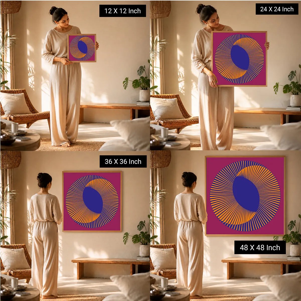 Ilu Art Therapy Mandala & Sacred Geometry Art displayed in four sizes (12x12, 24x24, 36x36, 48x48 inches) held by a model.
