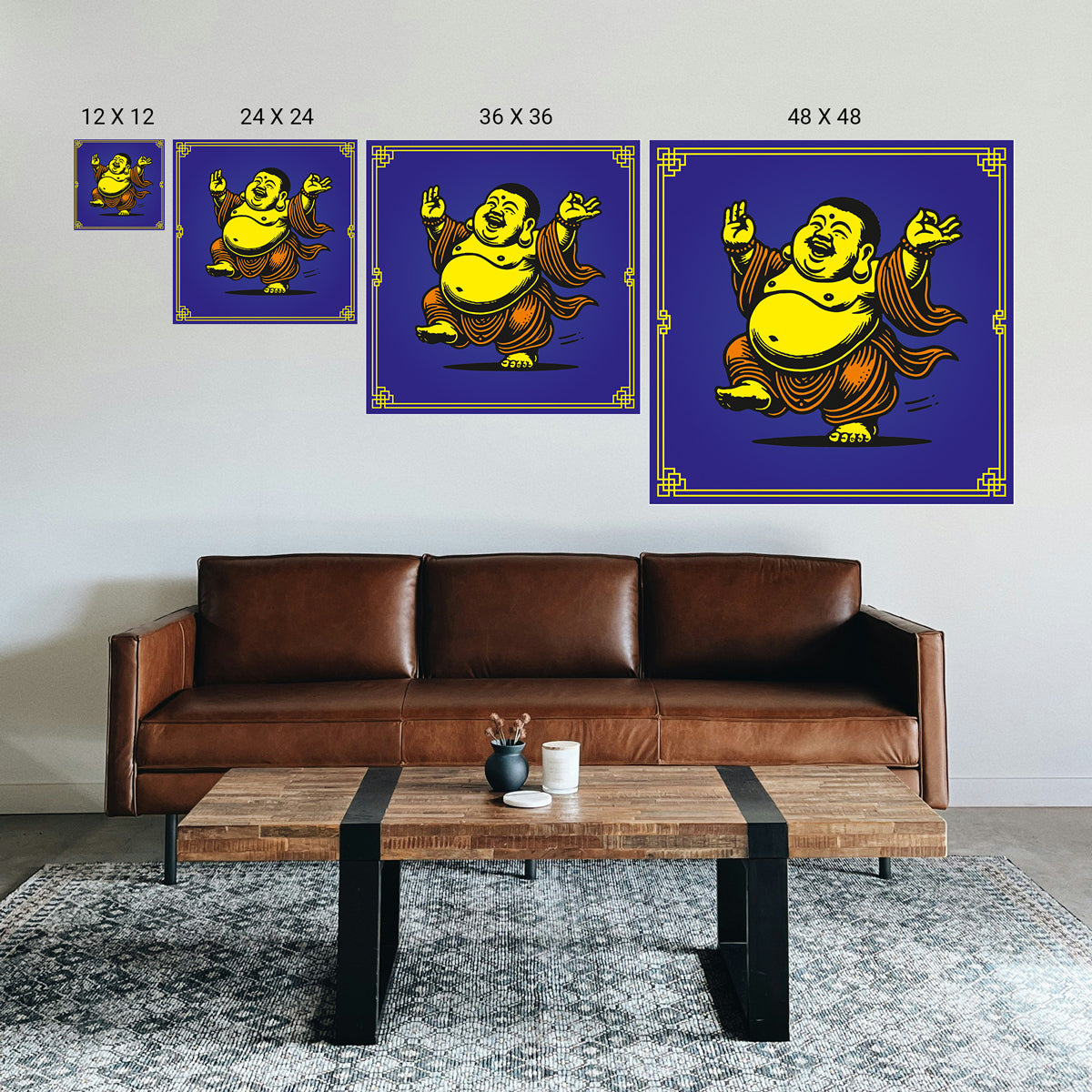 Living room with a brown leather sofa, wooden coffee table, and wall art of a laughing Buddha in various sizes.