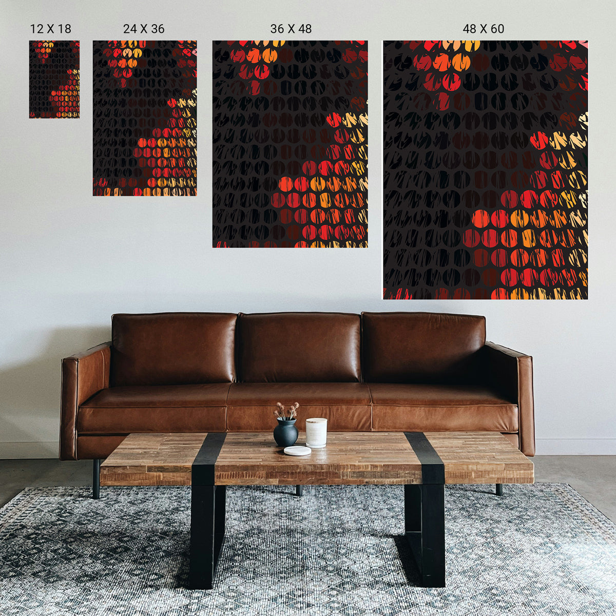 Minimalist bilateral art print positioned at eye level to gently guide visual attention
