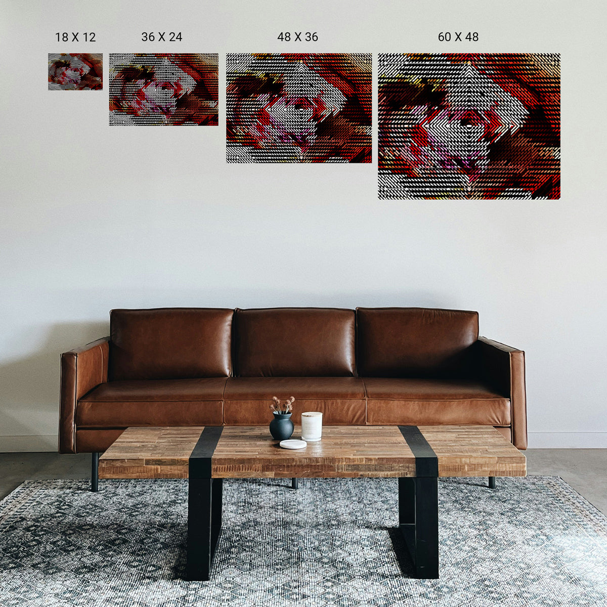 Neutral geometric prints arranged gallery‑style in a psychiatric hospital corridor.