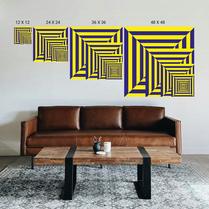 Wall art with geometric patterns in yellow and blue above a brown leather sofa and wooden coffee table.