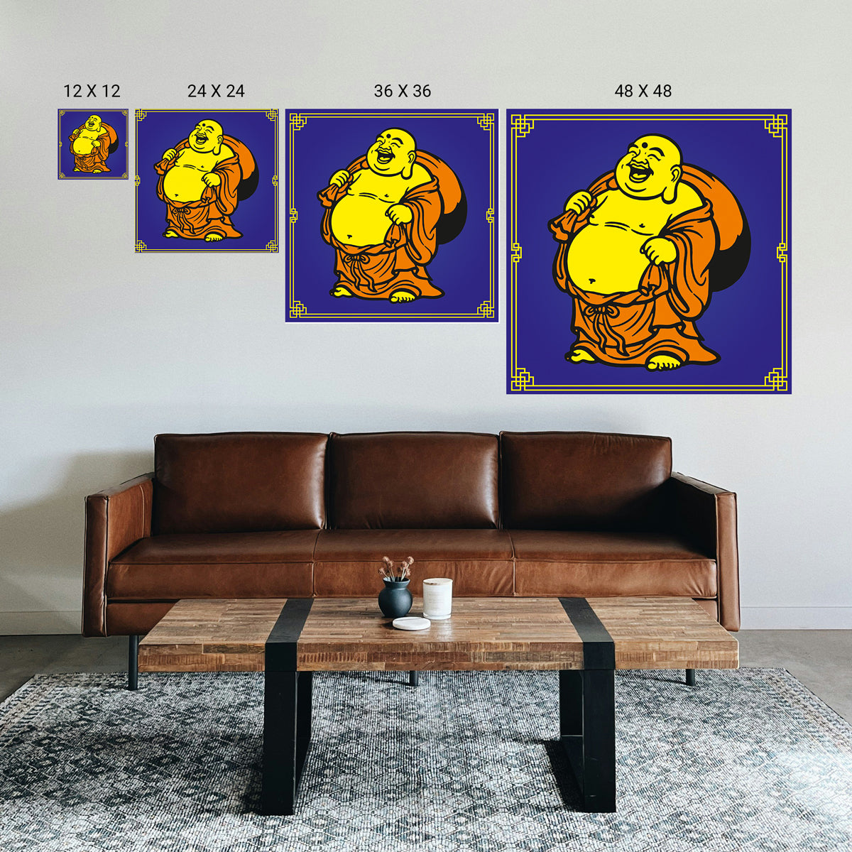 Buddha artwork in various sizes on a wall above a brown leather sofa.