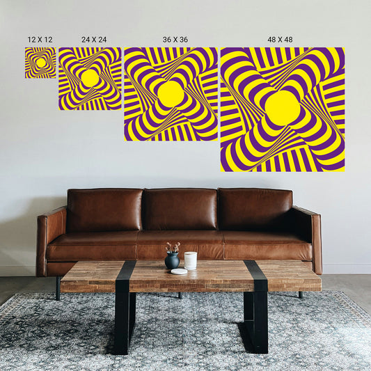 Wall art with yellow and purple design on a white wall above a brown leather sofa.