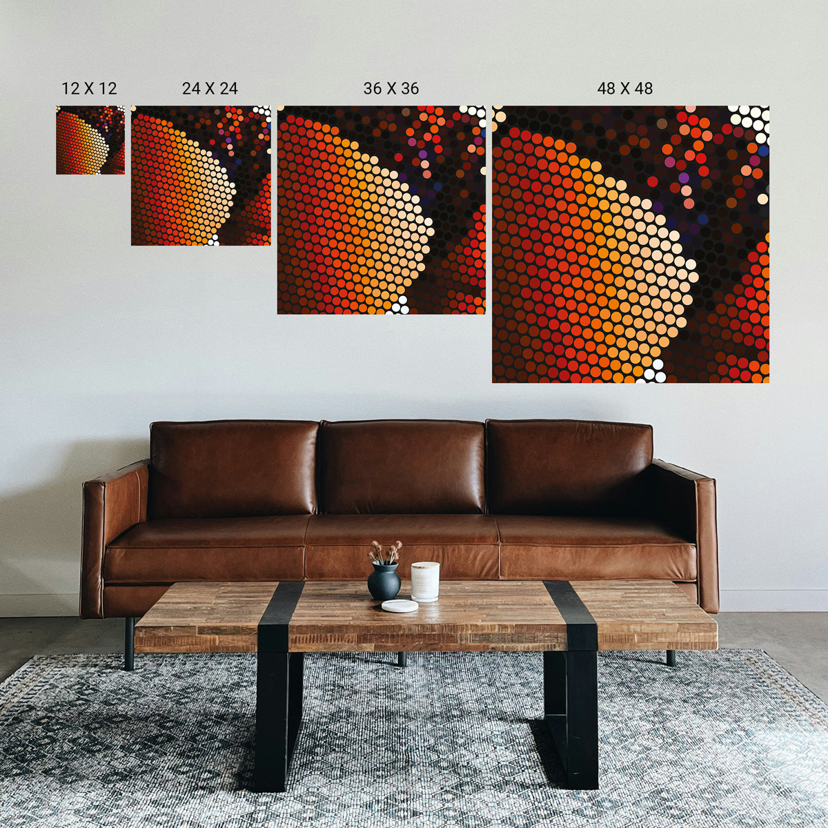Living room with brown leather sofa, wooden coffee table, and abstract wall art.