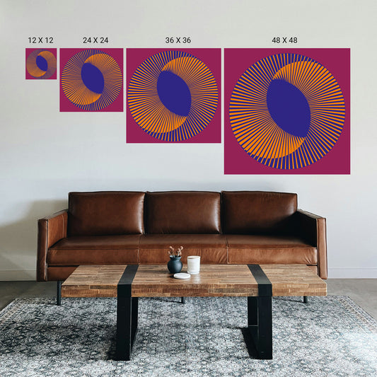 Living room with a brown leather sofa, wooden coffee table, and abstract wall art.