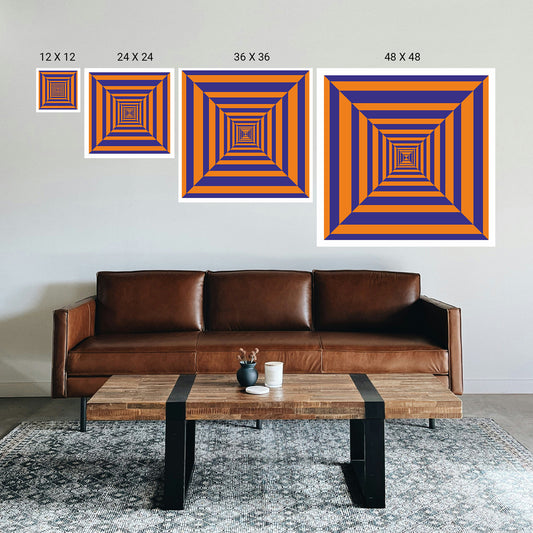 Living room with a brown leather sofa, wooden coffee table, and geometric wall art in various sizes.