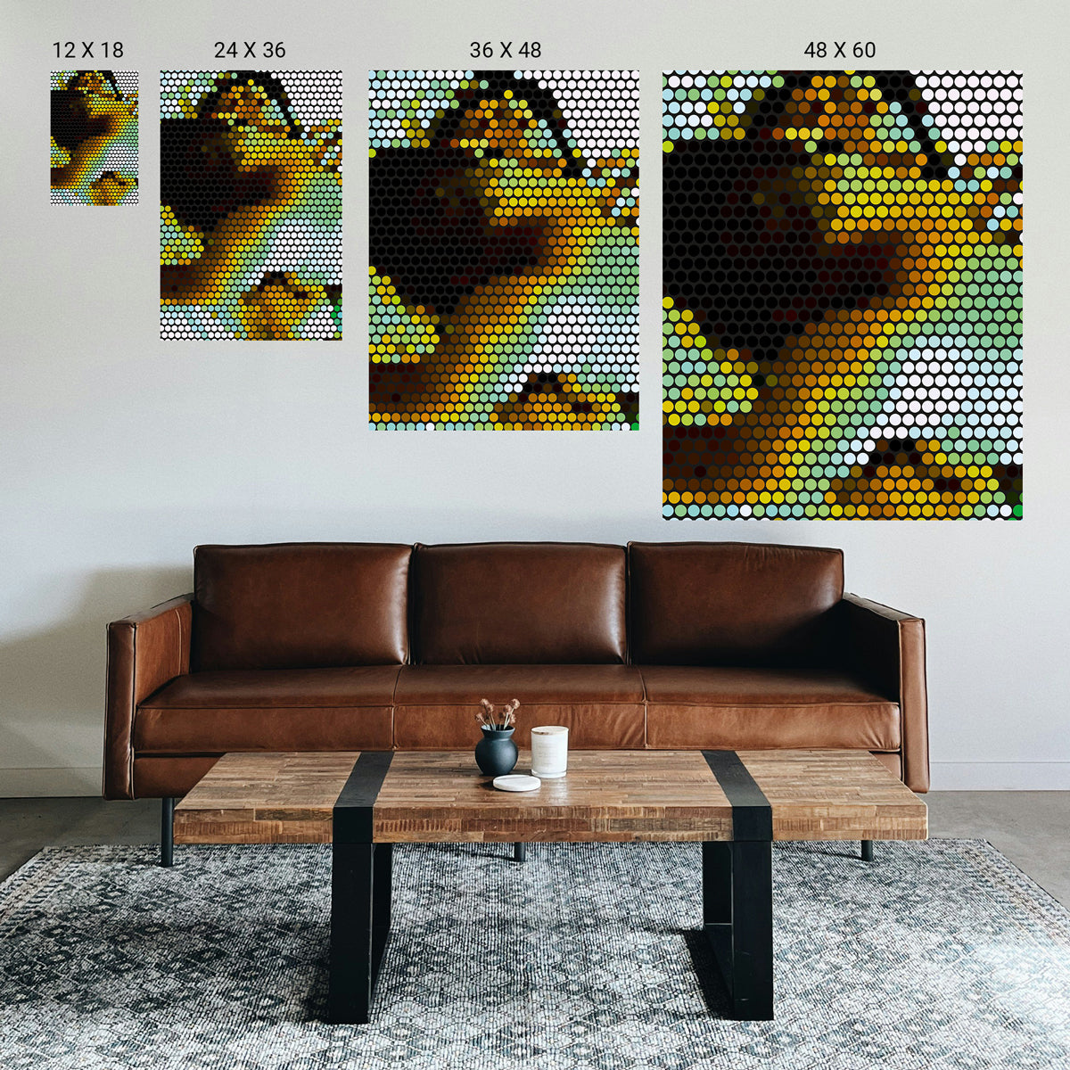 Living room with a brown leather sofa, wooden coffee table, and wall art displaying a colorful abstract design.