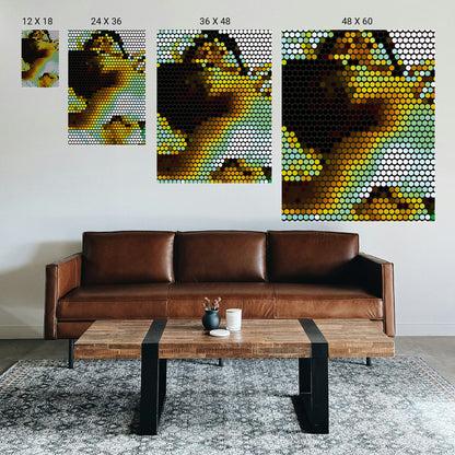 Living room with a brown leather sofa, wooden coffee table, and wall art displaying a colorful abstract design.