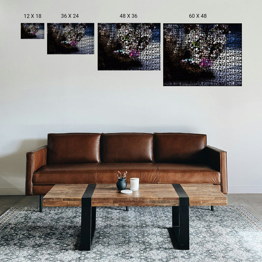 Mindfulness room in a workplace with a horizon‑style symmetry print above floor seating.