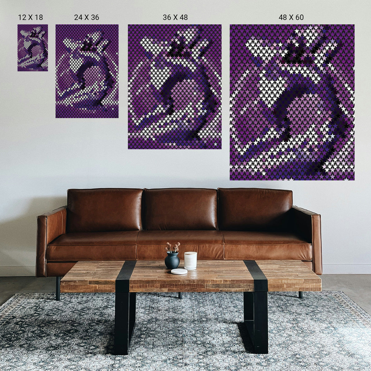 Evidence‑informed symmetry artwork styled above a therapy couch to help clients feel grounded