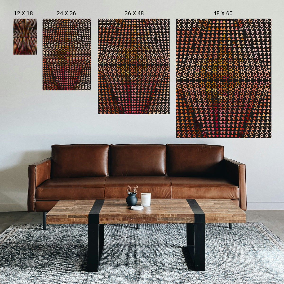 High‑impact symmetry artwork featured as the main piece in a modern counseling room