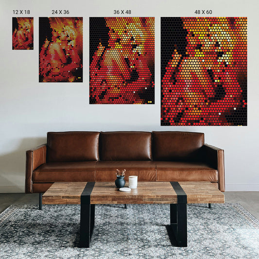 Living room with a brown leather sofa, wooden coffee table, and wall art displaying various sizes.