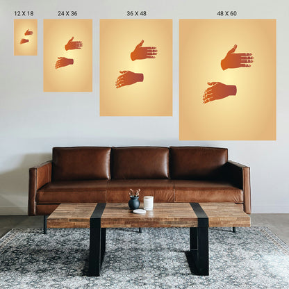 Living room with a brown leather sofa, wooden coffee table, and wall art of hands.