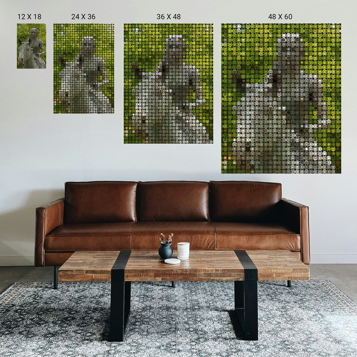 Therapeutic dot‑art wall prints creating a calm, symmetrical focal point in a modern therapy office