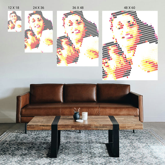 Precision dot‑art print framed in light wood, styled on a pastel wall in a yoga studio