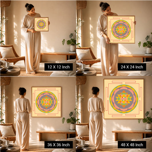 Sacred Geometry + Shri Yantra Dot Art by Ilu Art Therapy, displayed in four sizes, enhancing wellness spaces with vibrant des