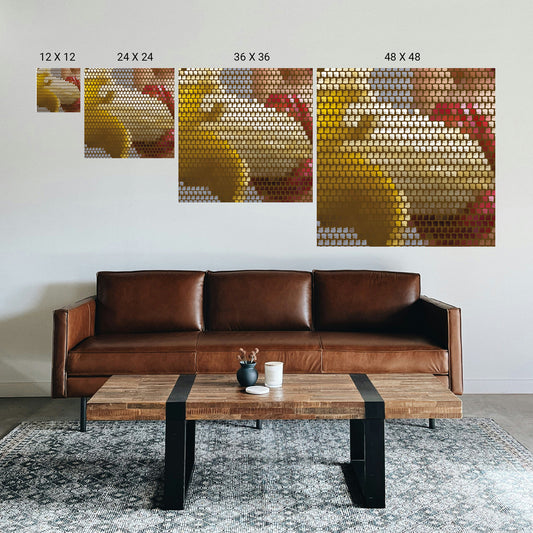 Brown leather sofa in a living room with a wooden coffee table and wall art.