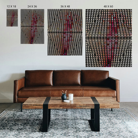 Symmetrical focal‑point print aligned with a therapy couch for EMDR‑friendly eye movement