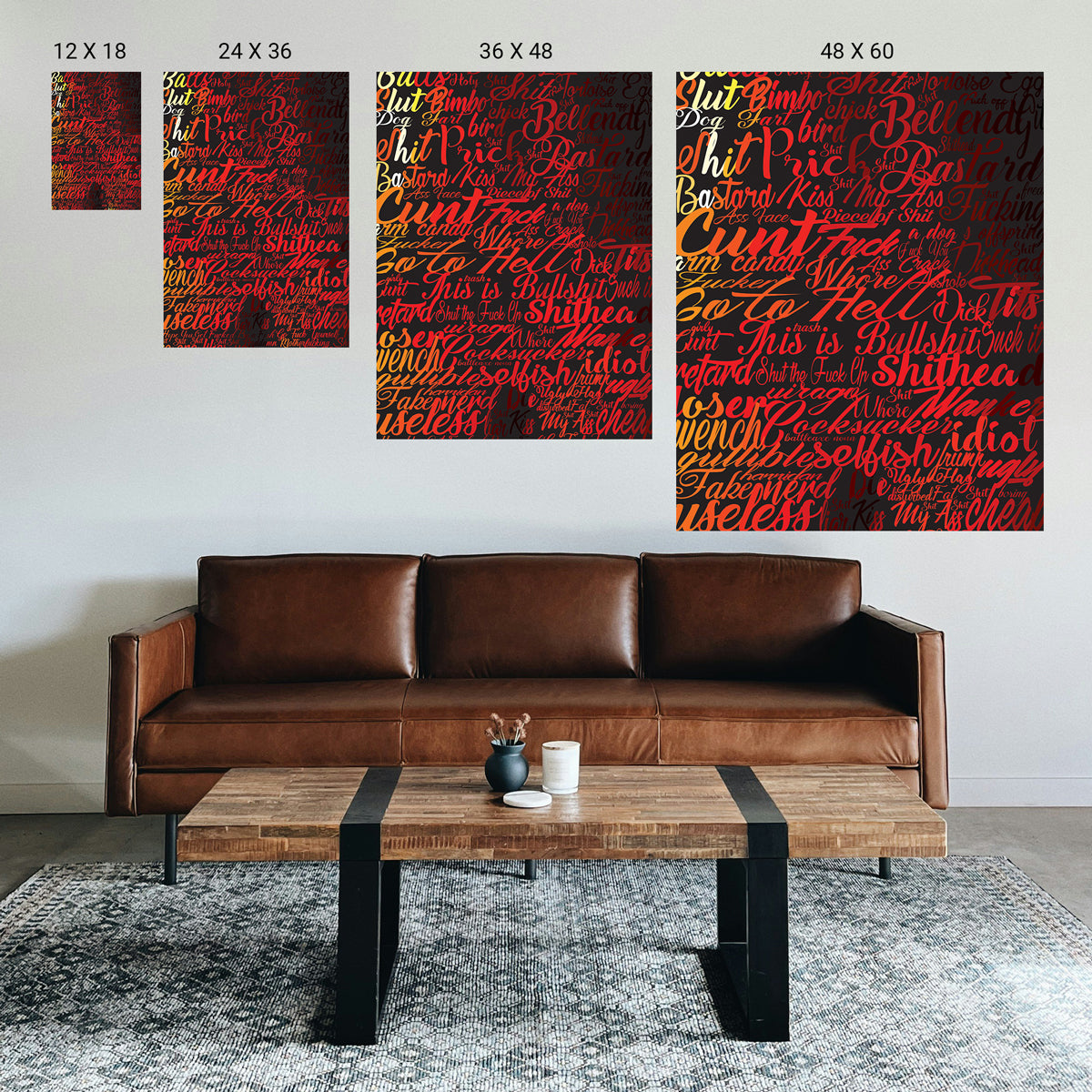 Symmetrical therapeutic art mounted above seating in a trauma‑informed therapy space