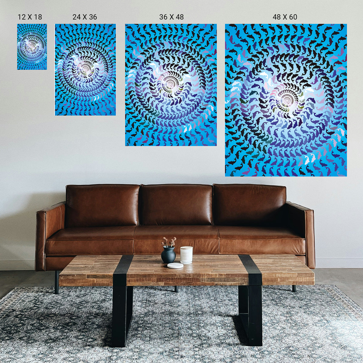 Living room with a brown leather sofa and wooden coffee table, featuring four sizes of blue and white spiral art prints.