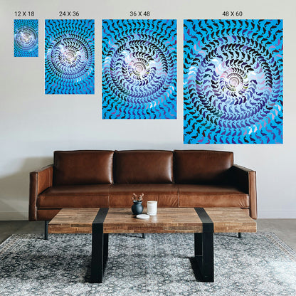 Living room with a brown leather sofa and wooden coffee table, featuring four sizes of blue and white spiral art prints.