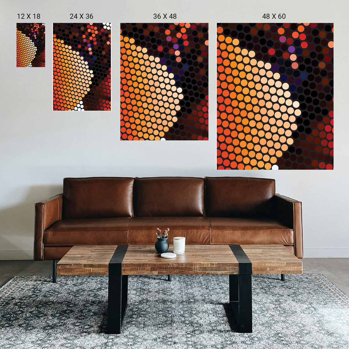 Therapeutic symmetry print in soft beige and grey tones hanging in a psychiatrist’s office