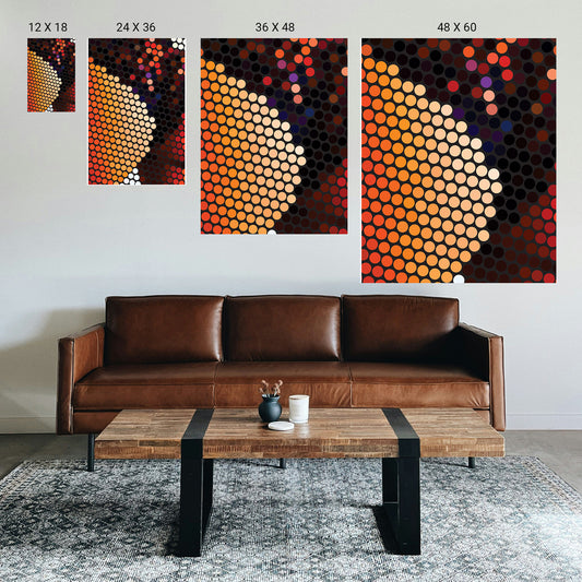 Therapeutic symmetry print in soft beige and grey tones hanging in a psychiatrist’s office