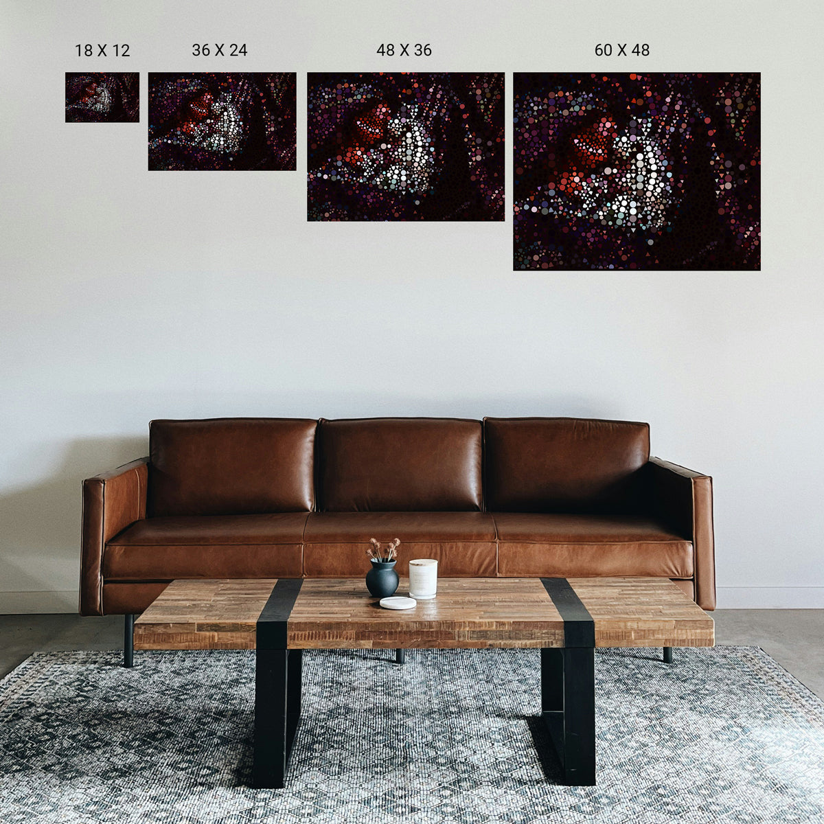 Yoga class space featuring biophilic‑inspired geometric art next to indoor plants.