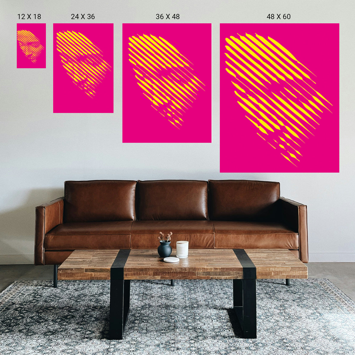 Massage or spa treatment room with warm‑toned dot‑art print above the table.