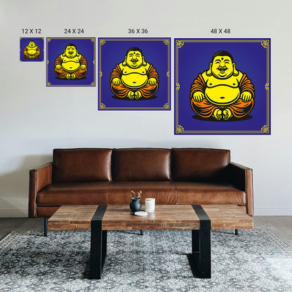 Framed artwork of a smiling Buddha on a wall above a brown leather sofa.