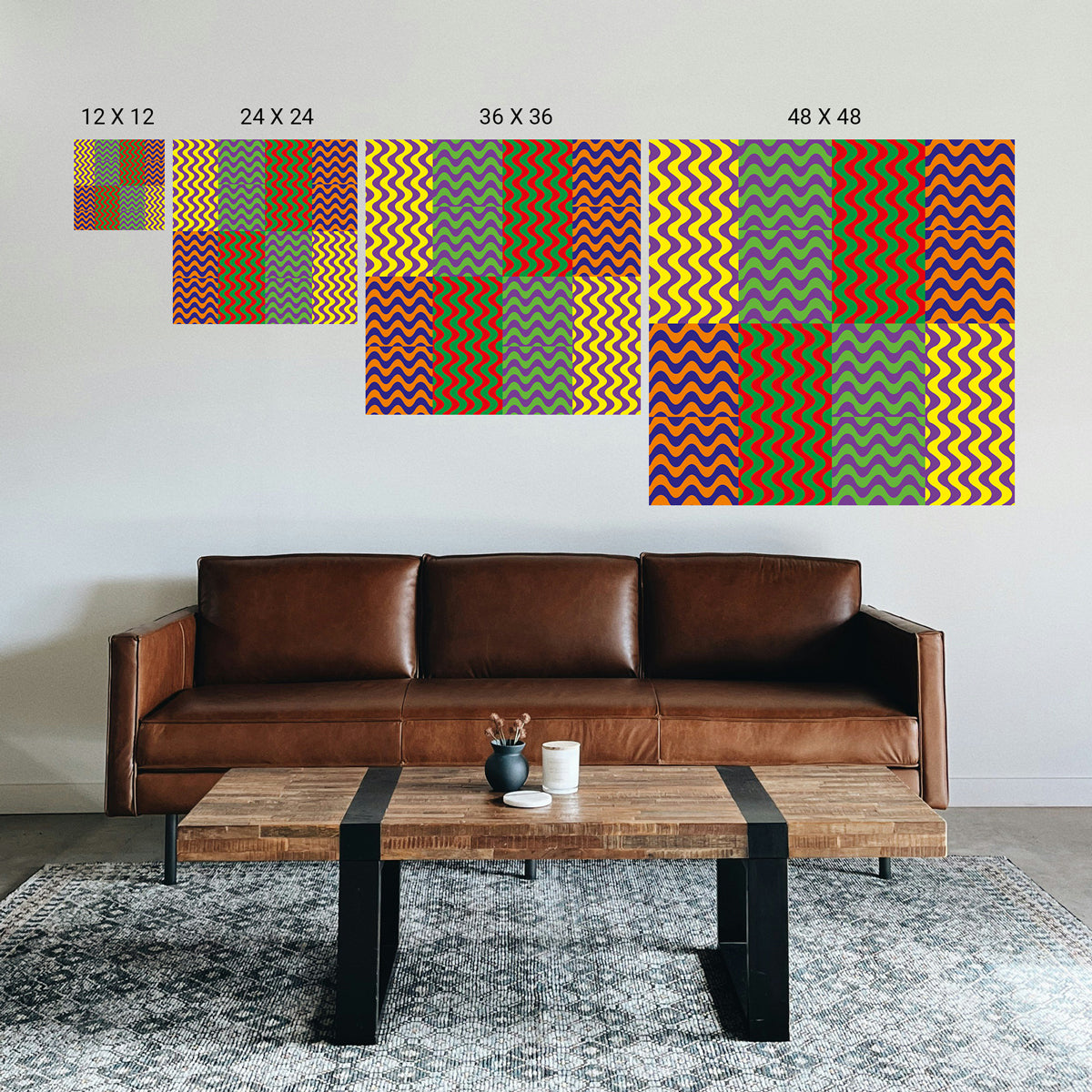 Living room with a brown leather sofa, wooden coffee table, and colorful abstract wall art.