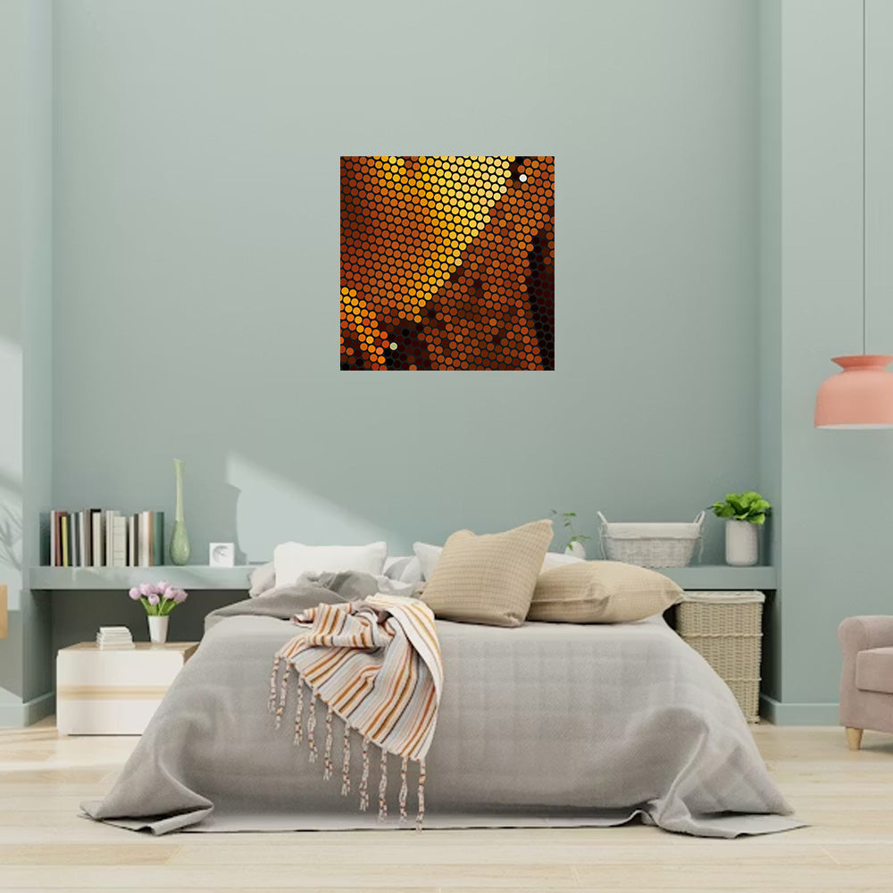 Bedroom with a bed, decorative pillows, and a wall art piece.