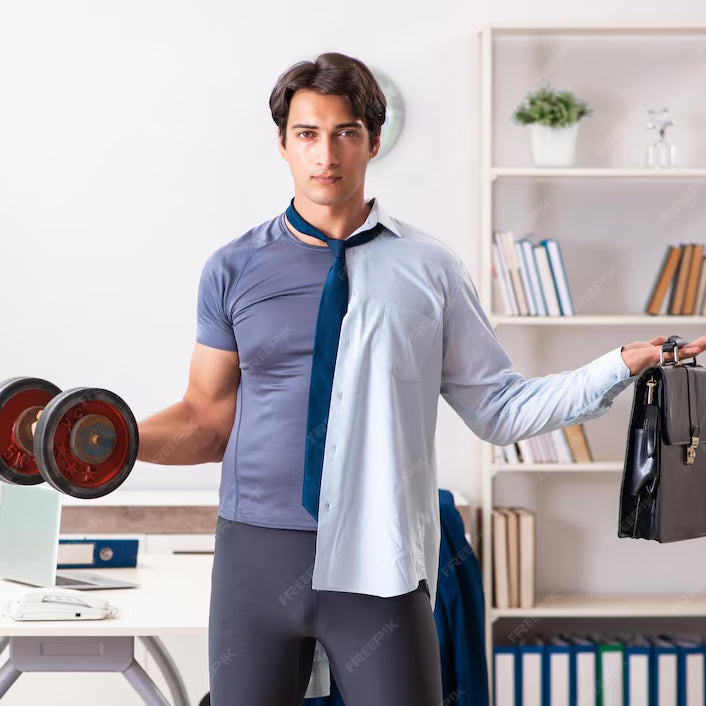 Man in a casual office setting lifting weights and holding a briefcase