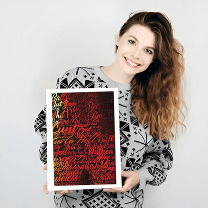 Woman holding a framed artwork with text on a white background