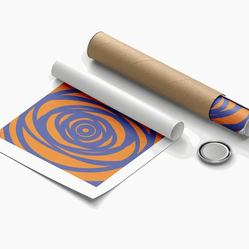 Roll of paper with a blue and orange spiral pattern on a white background